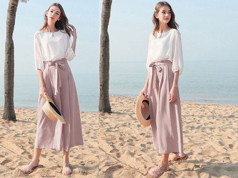 夏天登场阔腿裤套装也来了轻松遮肉凹出一米八大长腿